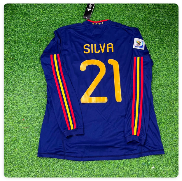 with Front Lettering+World Cup Patch Long Sleeve Retro Jersey 2010 Spain David Silva 21 Away Blue Soccer Jersey