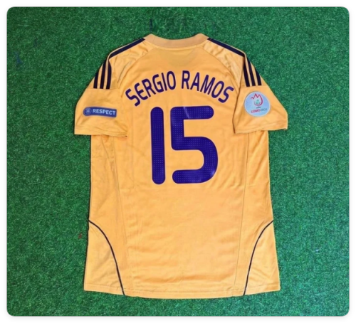 with Euro Patch Retro Jersey 2008 Spain Sergio Ramos 15 Away Golden Soccer Jersey Camiseta de España Football Shirt