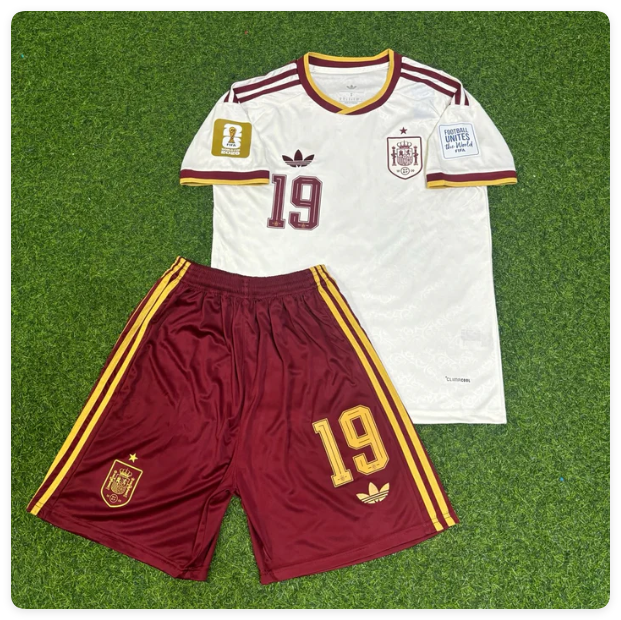 with FIFA World Cup Patch Youth Uniform Kids Kit 2026 Spain Lamine Yamal 19 Away Soccer Jersey Shorts Child Football Set
