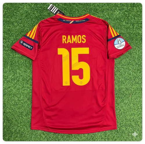 with Front Lettering+Euro Patch Retro Jersey 2012 Spain Sergio Ramos 15 Home Soccer Jersey Vintage Camiseta de España Football Shirt