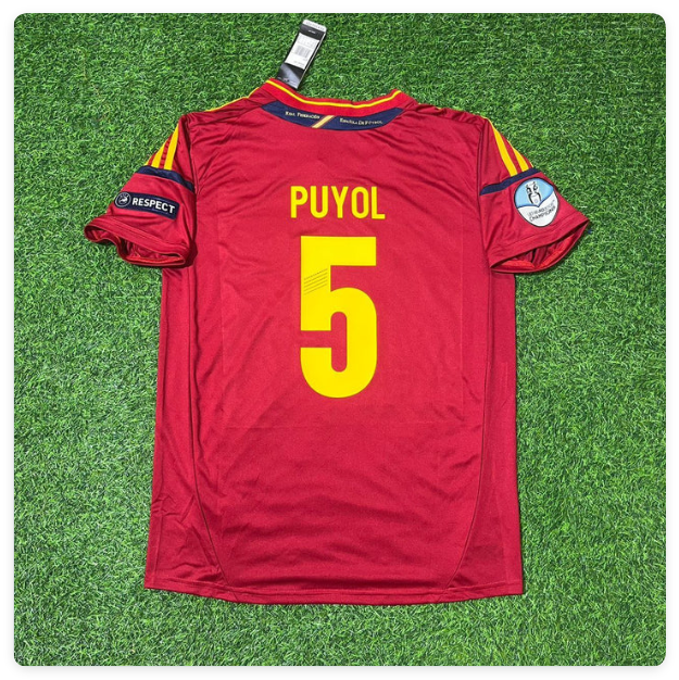 with Euro Patch Retro Jersey 2012 Spain Carles Puyol 5 Home Soccer Jersey Vintage Camiseta de España Football Shirt