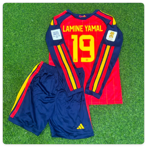 with World Cup Patch Long Sleeve Youth Uniform Kids Kit 2026 Spain Lamine Yamal 19 Home Soccer Jersey Shorts Child Football Set