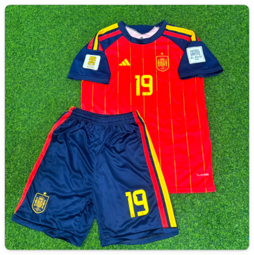 with World Cup Patch Youth Uniform Kids Kit 2026 Spain Lamine Yamal 19 Home Soccer Jersey Shorts Child Football Set