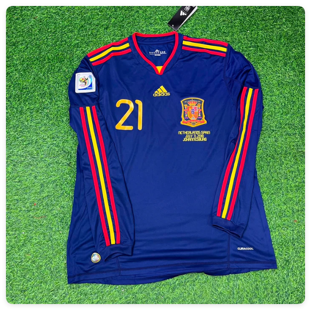 with Front Lettering+World Cup Patch Long Sleeve Retro Jersey 2010 Spain David Silva 21 Away Blue Soccer Jersey