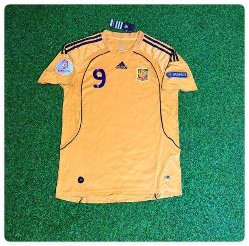 with Euro Patch Retro Jersey 2008 Spain Fernando Torres 9 Away Golden Soccer Jersey Camiseta de España Football Shirt