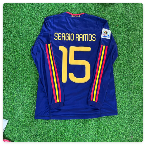 with Front Lettering+World Cup Patch Long Sleeve Retro Jersey 2010 Spain Sergio Ramos 15 Away Blue Soccer Jersey