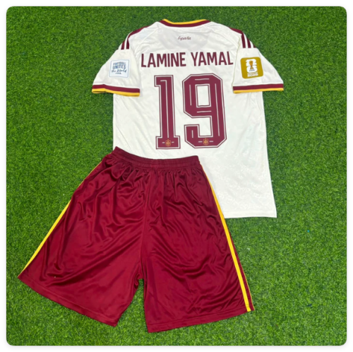 with FIFA World Cup Patch Youth Uniform Kids Kit 2026 Spain Lamine Yamal 19 Away Soccer Jersey Shorts Child Football Set