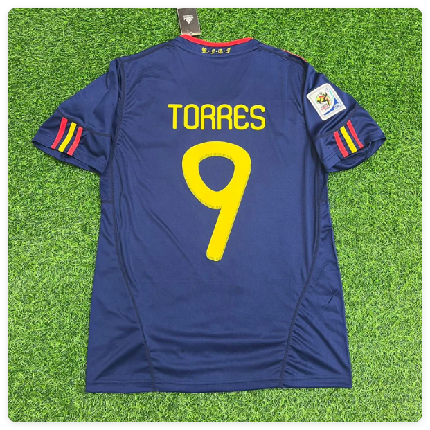 with Front Lettering+World Cup Patch Retro Jersey Spain 2010 Fernando Torres 9 Away Dark Blue Soccer Jersey