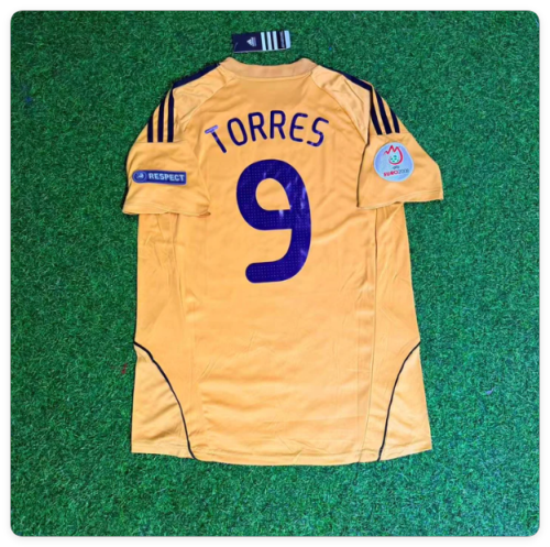 with Euro Patch Retro Jersey 2008 Spain Fernando Torres 9 Away Golden Soccer Jersey Camiseta de España Football Shirt