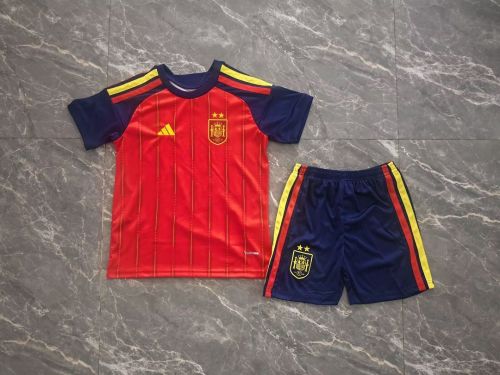 with 2 Stars Youth Uniform Kids Kit 2026 Spain Home Soccer Jersey Shorts Child Football Set