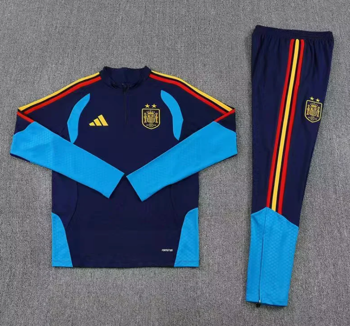 with 2 Stars 2025-2026 Spain Dark Blue Soccer Training Sweater and Pants Football Kit