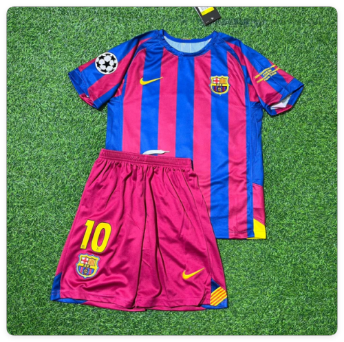 with Sleeve Lettering+UCL Patch Retro Youth Uniform 2005-2006 Barcelona CUL Final Home Soccer Jersey Shorts Vintage Child Football Kit