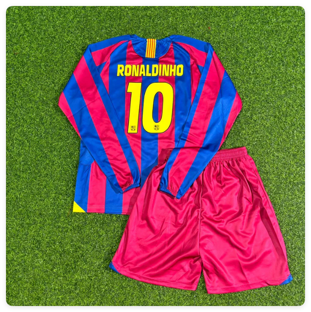 Long Sleeve Retro Youth Uniform Kids Kit 2005-2006 Barcelona Ronaldinho Gaúcho 10 Home Soccer Jersey Shorts Vintage Child Football Set