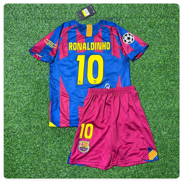 with Sleeve Lettering+UCL Patch Retro Youth Uniform 2005-2006 Barcelona Ronaldinho Gaucho 10 CUL Final Home Soccer Jersey Shorts Vintage Child Football Kit