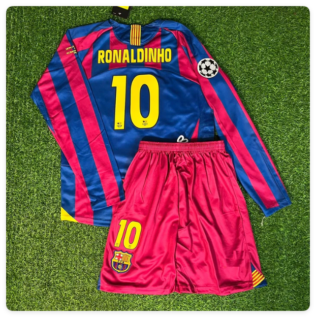 with Sleeve Lettering+UCL Patch Long Sleeve Retro Youth Uniform Kids Kit 2005-2006 Barcelona Ronaldinho Gaucho 10 UCL Final Home Soccer Jersey Shorts Vintage Child Football Set