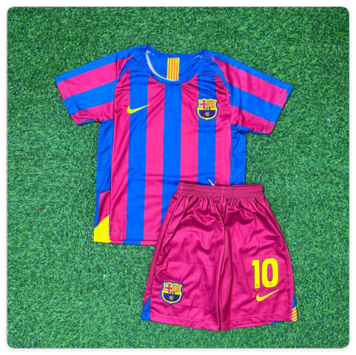 with UCL Patch Retro Youth Uniform 2005-2006 Barcelona Ronaldinho Gaúcho 10 Home Soccer Jersey Shorts Vintage Child Football Kit