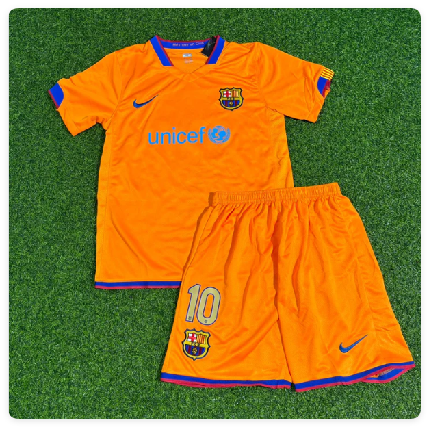 Retro Youth Uniform Kids Kit 2006-2007 Barcelona Ronaldinho 10 Away Orange Soccer Jersey Shorts Vintage Child Football Set