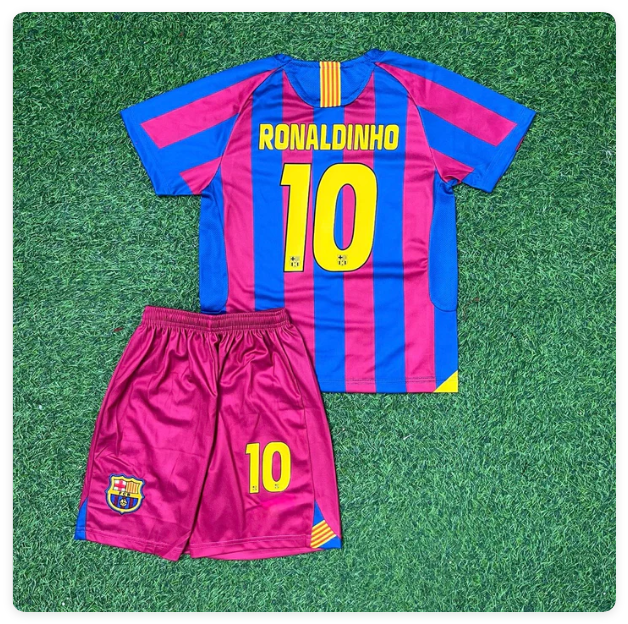Retro Youth Uniform 2005-2006 Barcelona Ronaldinho Gaúcho 10 Home Soccer Jersey Shorts Vintage Child Football Kit