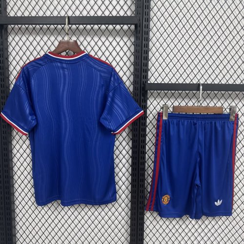 Youth Uniform Kids Kit 2026-2027 Manchester United Away Blue Soccer Jersey Shorts Child Football Set