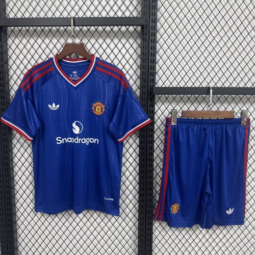 Youth Uniform Kids Kit 2026-2027 Manchester United Away Blue Soccer Jersey Shorts Child Football Set