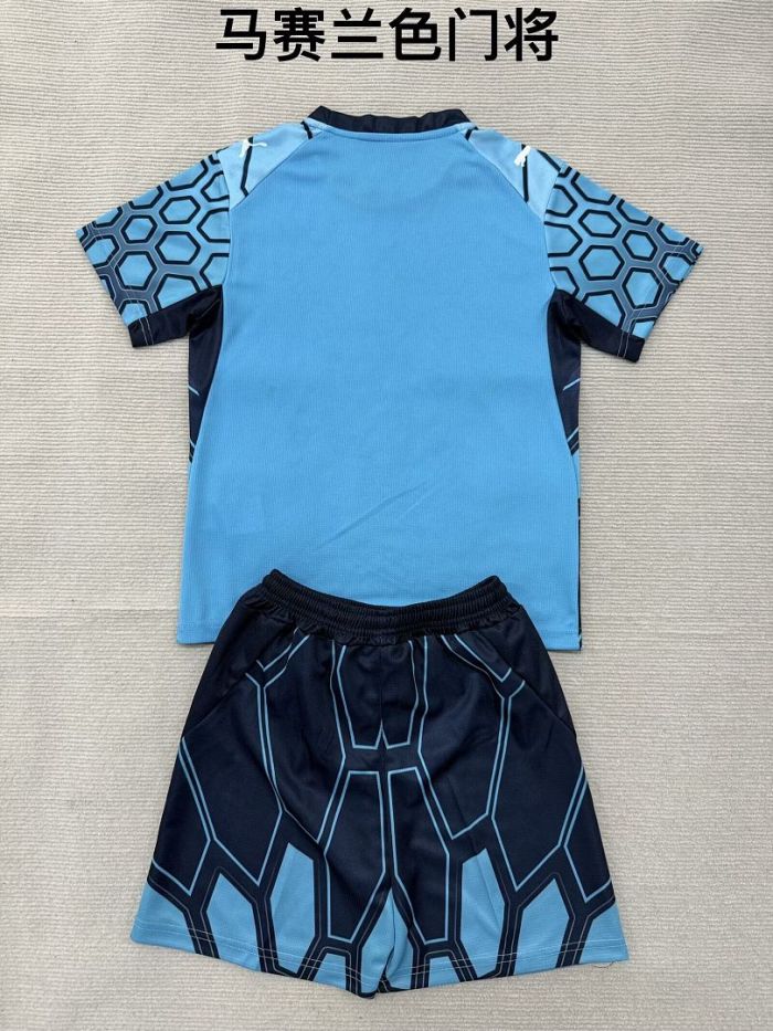 Youth Uniform Kids Kit 2026-2027 Marseille Blue Goalkeeper Soccer Jersey Shorts Child Football Set