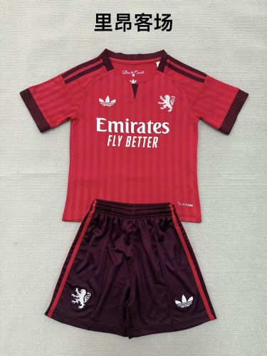 Youth Uniform Kids Kit 2026-2027 Lyon Away Red Soccer Jersey Shorts Olympique Lyonnais Child Football Set