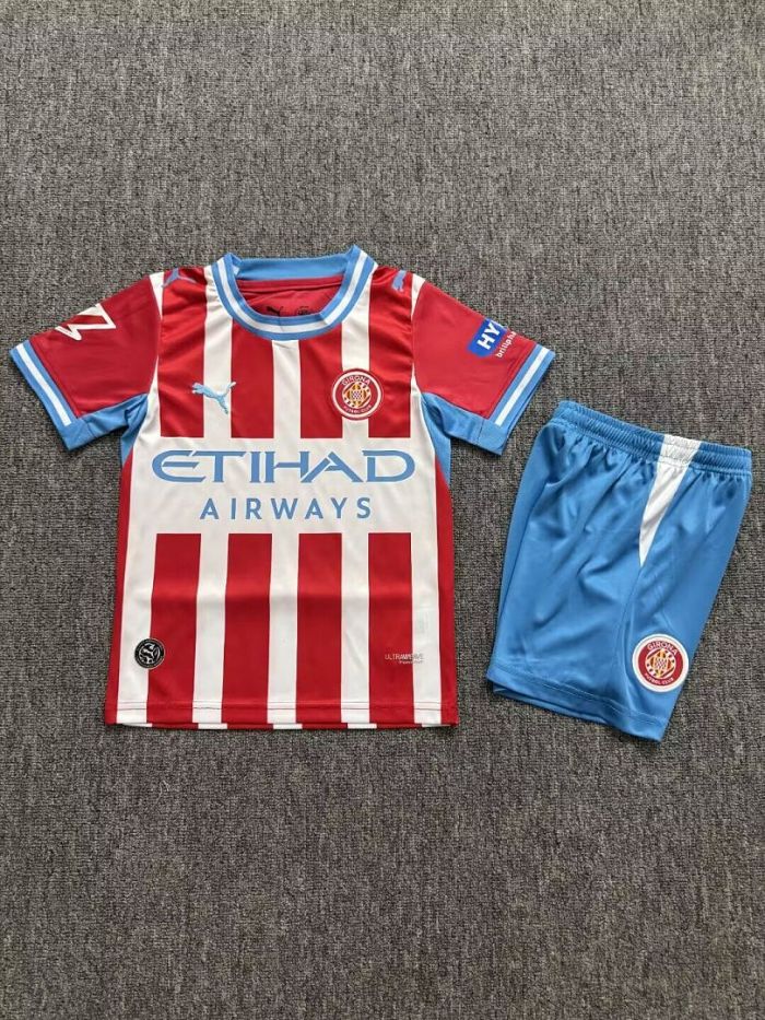 with LALIGA Patch Youth Uniform Kids Kit 2026-2027 Girona Home Soccer Jersey Shorts Child Football Set