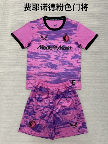 Youth Uniform Kids Kit 2026-2027 Feyenoord Rotterdam Pink Goalkeeper Soccer Jersey Shorts Child Football Set