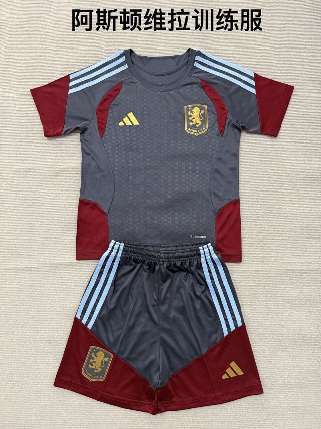 without Sponor Logo Youth Uniform Kids Kit 2026-2027 Aston Villa Grey/Red Soccer Training Jersey Shorts Child Football Set