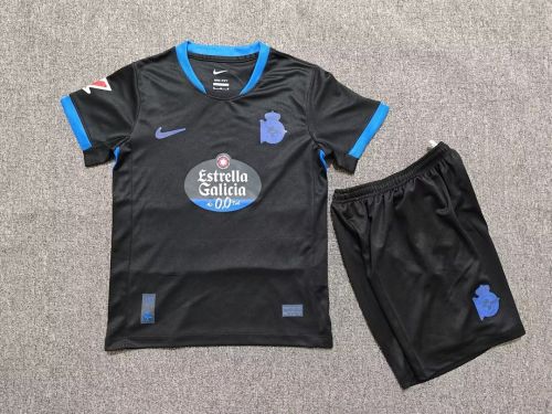 with LALIGA Patch Youth Uniform Kids Kit 2026-2027 Deportivo La Coruña Away Black Soccer Jersey Shorts Child Football Set