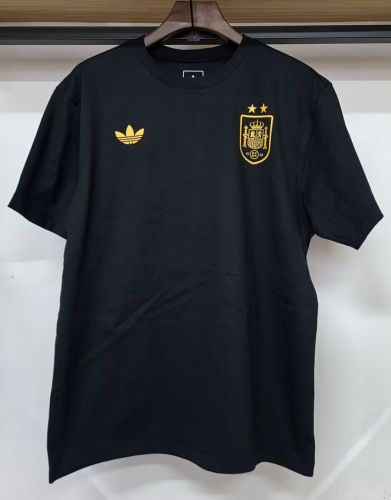 with 2 Stars Fan Version 2026 Spain Black Soccer Cotton T-Shirt España Camisetas de Futbol