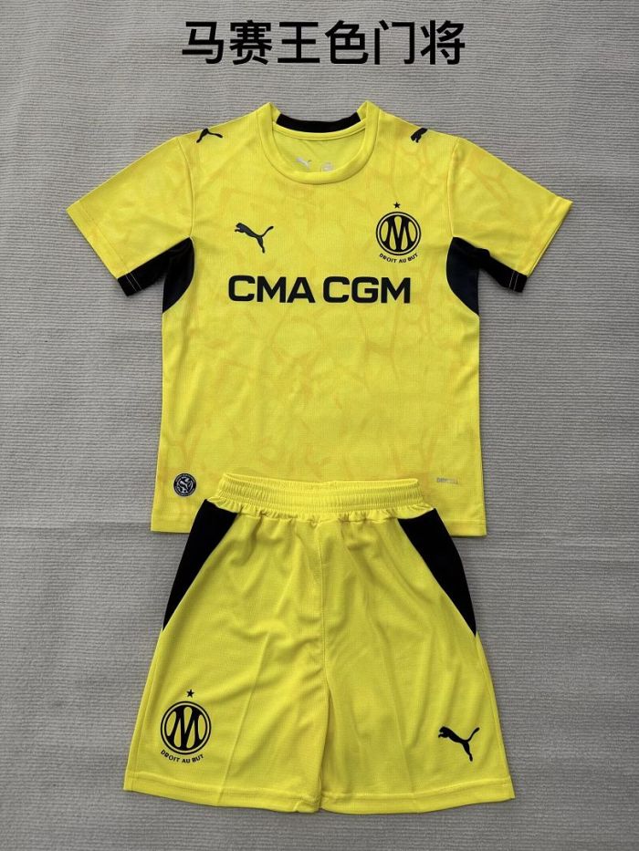 Youth Uniform Kids Kit 2026-2027 Marseille Yellow Goalkeeper Soccer Jersey Shorts Child Football Set