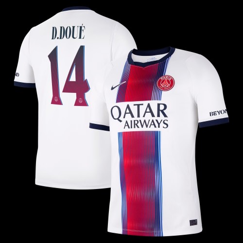 with BEYOND+2 Stars Fan Version 2026-2027 PSG D.DOUE 14 Away White Soccer Jersey Paris Football Maillot