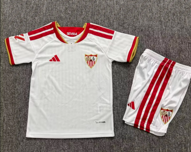 with LALIGA Patch Youth Uniform Kids Kit 2026-2027 Sevilla Away Red Soccer Jersey Shorts Child Football Set
