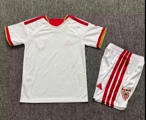 with LALIGA Patch Youth Uniform Kids Kit 2026-2027 Sevilla Away Red Soccer Jersey Shorts Child Football Set