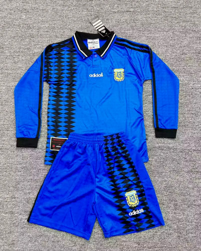 Long Sleeve Retro Youth Uniform Kids Kit 1994 Argentina Home Soccer Jersey Shorts Vintage Child Football Set