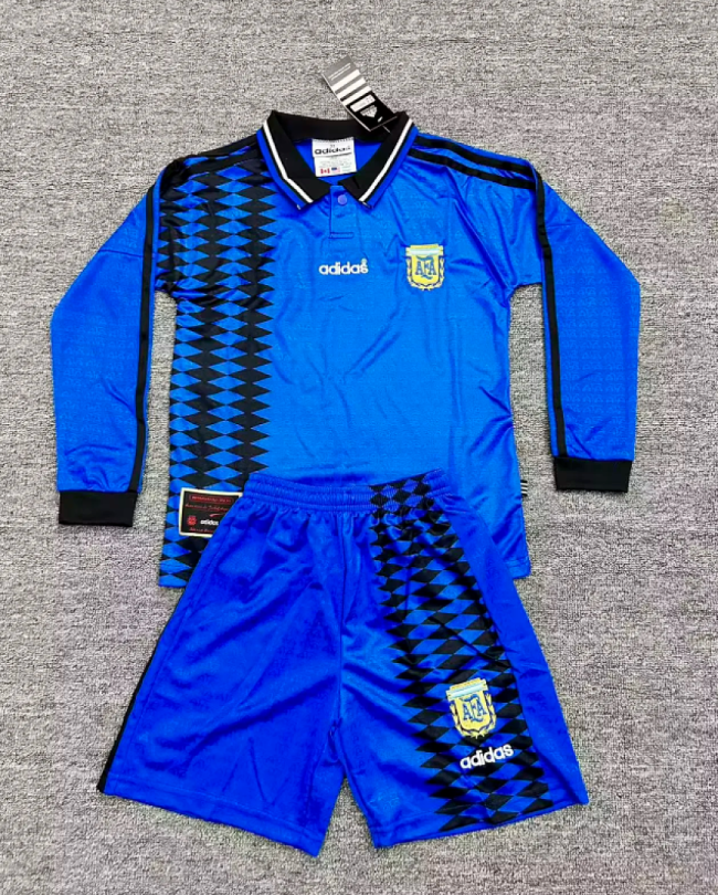 Long Sleeve Retro Youth Uniform Kids Kit 1994 Argentina Home Soccer Jersey Shorts Vintage Child Football Set