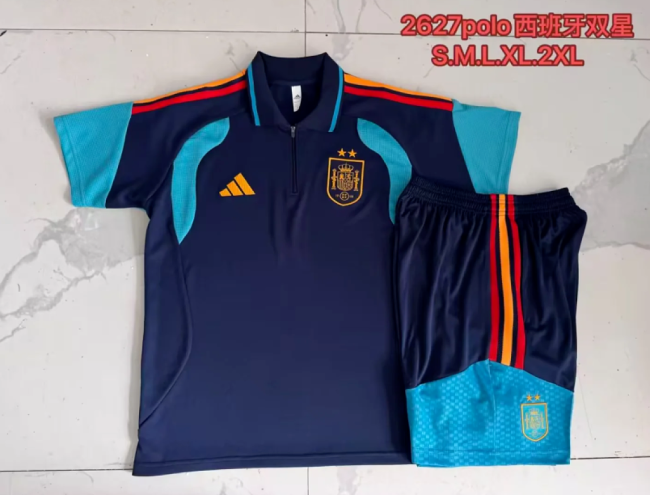 with 2 Stars Adult Uniform 2026-2027 Spain Dark Blue Soccer Training Polo and Shorts Football Kits