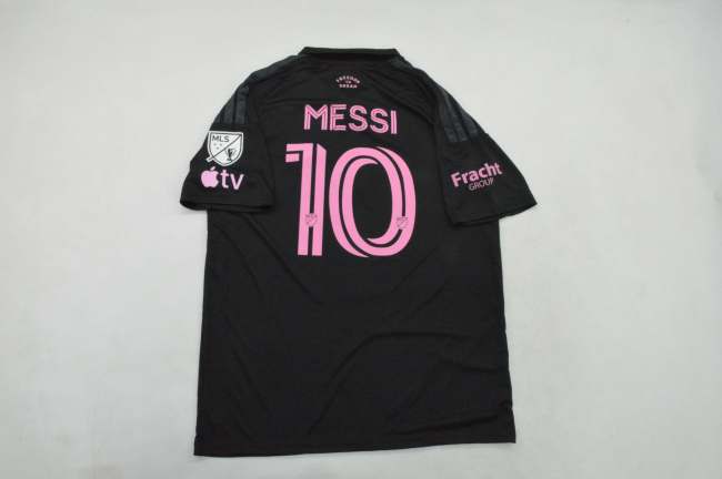 with a Star+Fracht Group+Apple TV+MLS Patch Fan Version 2026-2027 Inter Miami MESSI 10 Away Black Soccer Jersey Football Shirt
