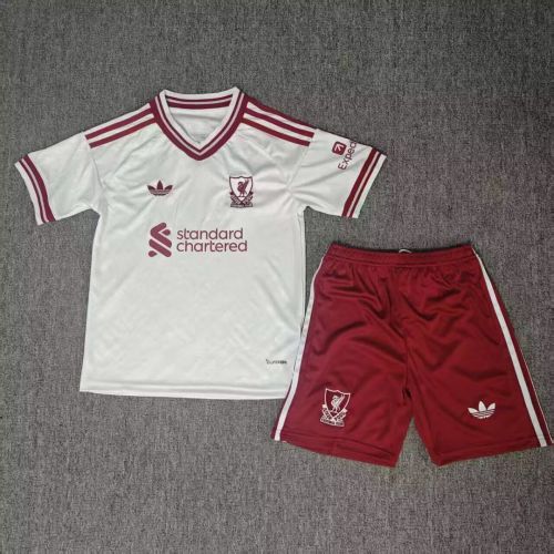 with Red Shorts Youth Uniform Kids Kit 2026-2027 Liverpool Away White Soccer Jersey Shorts Child Football Set