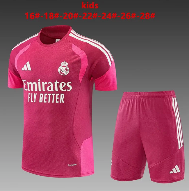 Youth Uniform Kids Kit 2026-2027 Real Madrid Pink Soccer Training Jersey Shorts Child Football Set