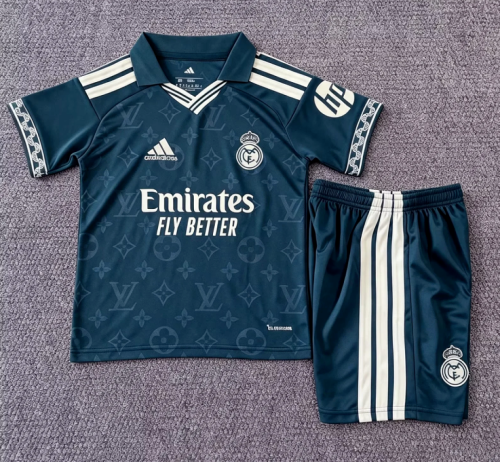 Youth Uniform Kids Kit 2026-2027 Real Madrid LV Version Green Soccer Jersey Shorts Child Football Set