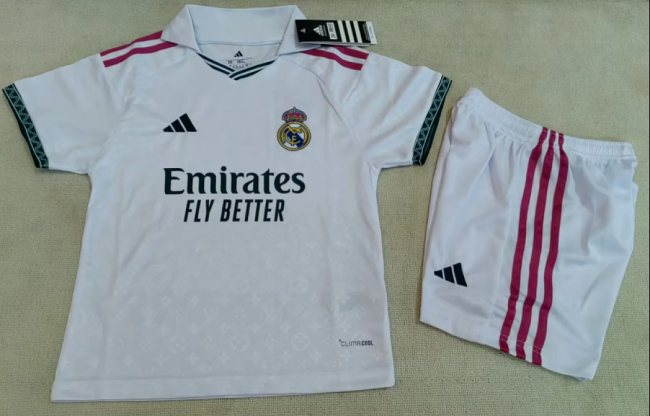 Youth Uniform Kids Kit 2026-2027 Real Madrid LV Version White Soccer Jersey Shorts Child Football Set