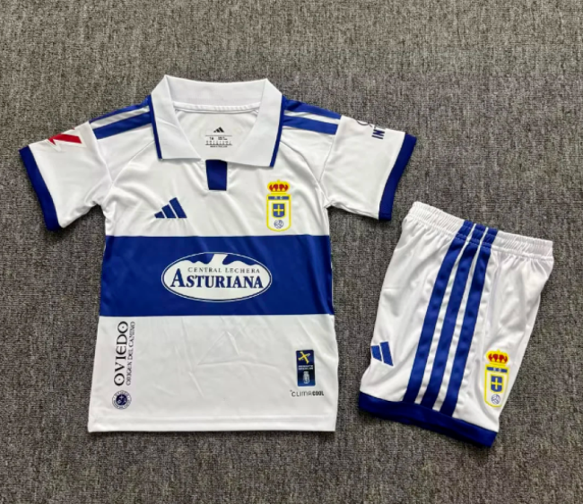 with LALIGA Patch Youth Uniform Kids Kit 2026-2027 Real Oviedo Away White Soccer Jersey Shorts Child Football Set