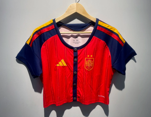 with 2 Stars Women 2026-2027 Spain Home MLB Crop Shirt Girl Espana Jersey