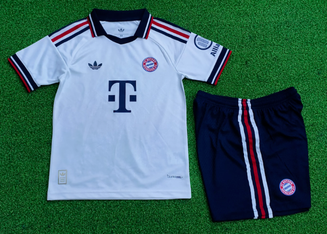 Player Version Youth Uniform Kids Kit 2026-2027 Bayern Munich Away White Soccer Jersey Shorts Child Football Set