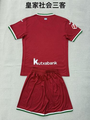 with LALIGA Patch Youth Uniform Kids Kit 2026-2027 Real Sociedad Third Away Red Soccer Jersey Shorts Child Football Set