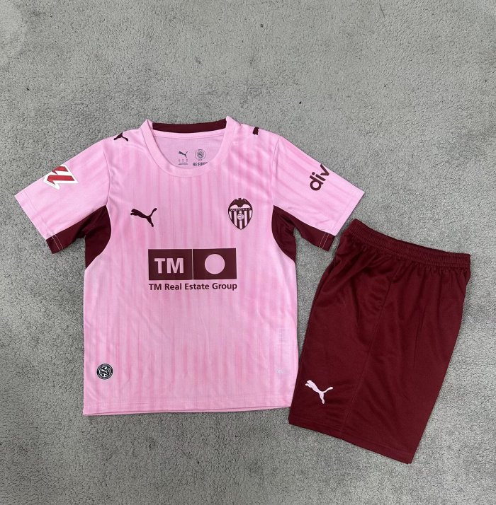 Youth Uniform Kids Kit 2026-2027 Valencia Third Away Pink Soccer Jersey Shorts Child Football Set