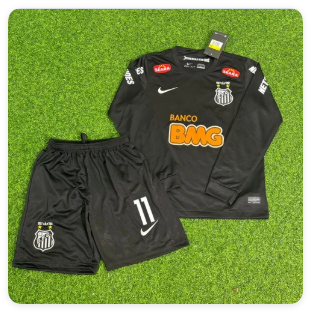Long Sleeve Retro Youth Uniform Kids Kit 2012-2013 Santos NEYMAR JR 11 Black Soccer Jersey Shorts Vintage Child Football Set