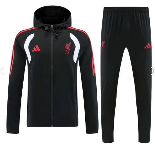 with Caps 2026-2027 Liverpool Black/White Windbreaker Soccer Tracksuit Jacket Football Jacket and Pants